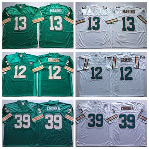 Fußball Dan Marino 13 Griese 12 Csonka 39 Trikot, grüne und weiße Farbe, ausgemusterte Herren-Trikots, Größe M-XXXL