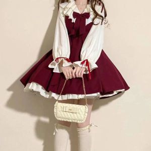 Blandningar 2023 Autumn Winter College Style Elegant JK Uniform Suit Female Sweet Retro Bow Strap Dresses Christmas Party Red Lolita Dress