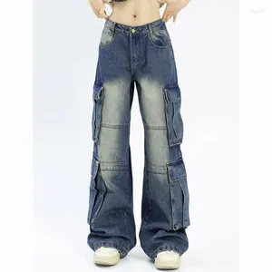 Damenjeans Dunkelblau Schlichtes Vintage-Weiß-Design Hoch taillierte Straßenästhetische Mode Y2k Baggy Straight Cargohose