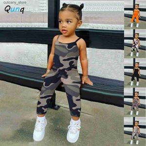 Jumpsuits Qunq Spring Summer New Girls Solid O-Neck Print Sleeveless Pullover Romper Fashion Lovely Casual Sporty Kids Clothes Age 3T-8T L240307