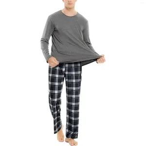 Mäns sömnkläder Tvådelat Set Mens Pyjamas Fashion Solid Color T-shirt Plaid Pants Pajama Leisure Soft Homewear Autumn/Winter