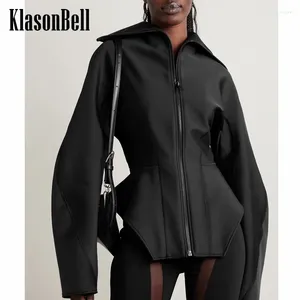 Kvinnans jackor 1.21 Klasonbell Fashion Hem Oregelbundet fast färg Samla midja Line Spliced ​​Turn-Down Collar Zipper Jacket Ytterkläder Kvinnor