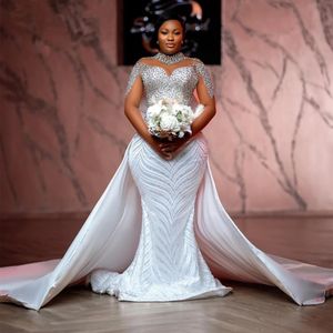 2024 Arabic Aso Ebi White Mermaid Wedding Beaded Crystals Detachable Train Satin Bridal Gowns Dresses Vestidos De Novia