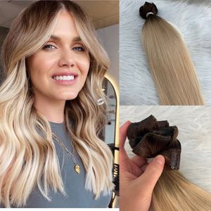 Clip-in-Extensions aus echtem Menschenhaar, Ombre T4/613, blond, doppelter Schuss, Clip-on-Haarverlängerung, 120 g