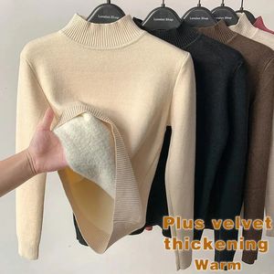 Autumn Winter Solid Color Fleece tjock halv Hög krage Pullover Tröja Kvinnor Enkel Basic Warm 8 Colors Plus Velvet Loose Tops 240304