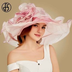 FS Pink Kentucky Derby Hat For Women Organza Sun Hats Flowers Elegant Summer Large Wide Brim Ladies Wedding Church Fedoras T200602276I