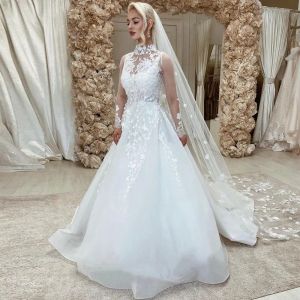 Yüksek yaka zarif bir çizgi gelinlik şair kolu gelinlikler dantel aplikler 3d çiçekler robe de mariage ppliques