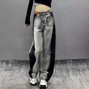 Color blocking jeans for women's spring and autumn 2024 straight and loose design, high waisted and slim, versatile wide leg mop pants