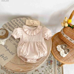 Jumpsuits Summer New Baby Clothes Pure Cotton Bubble Sleeves with Wooden Ear Edge Female Baby Harper Bodyback L240307