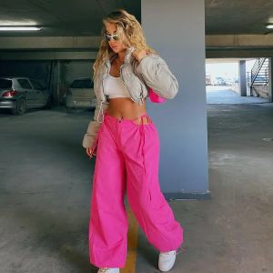 Capris Streetwear Women Bright RosePink Cargo Pants Hollow Out High Waist Bandage Straight Pants Y2K Dance Lady Baggy Trousers Fashion