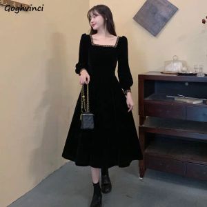 Dress Long Sleeve Dress Women Solid Square Collar Lady Elegant Allmatch Fashion Design Spring New Midcalf Daily Casual Korean Style