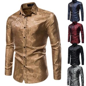 Men's Casual Shirts Long Sleeve Shirt Rose Print Button Slim Fit Formal Noble Luxury Bronze Palace Style