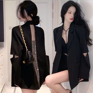 Autumn Fashion Womens Blazer Back Hollow out Chain One Button Black Long Sleeve Suit Jackets Female Casual Blazers 240228