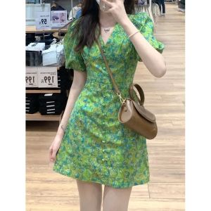 Dress Sweet V Collar Ladies Green Floral Print Dress Women Cute Fashion Korean Short Sleeve Summer Ruffle Hem Vintage Dresses Vestido