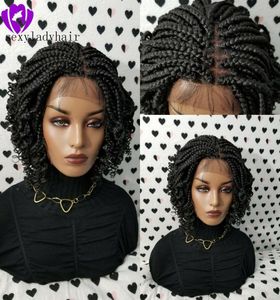 Afrika-amerikanische Frauen Zöpfe Stil handgemachte volle Box Braid Perücke schwarz braun Ombre Farbe kurze geflochtene Lace Front Perücke mit Locken En1485087