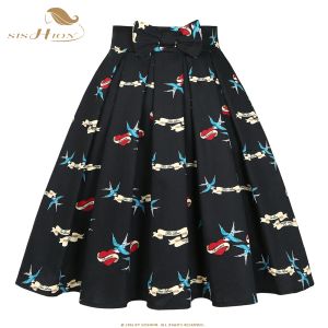 Платья Sishion Birds and Love с принтом Женская хлопковая черная юбка с бантом Ss0012 Лето Y2k с высокой талией 50-х годов Винтажная плиссированная юбка Jupe