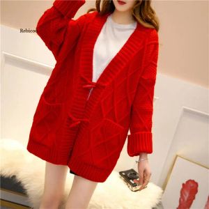 Cardigans Red Thick Warm Knitted Sweater Women Student Tops Autumn Winter Fashion Casual Loose Big Pocket Knit Cardigan Ladies Jumper