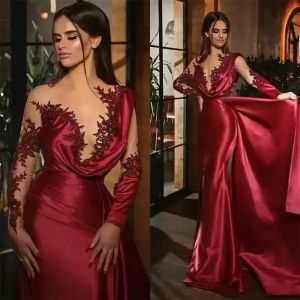 Red Charming Formal Evening Dresses Beading Mermaid Party Dress Sexy Sheer Long Sleeves Ruched Satin Runway Prom Gowns Overskirt Bc13201