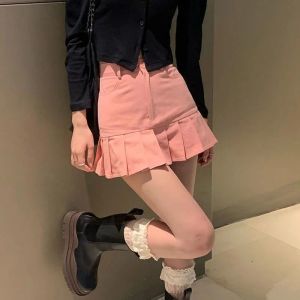 Elbiseler Houzhou Pembe Denim Etek Kadınlar Kore Moda Sokak Giyim Seksi Sevimli Yüksek Bel İnce Patchwork Piled Mini Etekler Kawaii Yaz