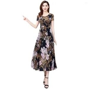 Casual Dresses Elegant Floral Print Long Ladies A-Line Short Sleeve Slim Sundress Office Lady O-Neck For Women Vestidos