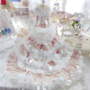Dog Apparel High-end Handmade Clothes Pet Supplies Trailing Wedding Dress Lace Pink Diamond-Bordered Trimmings Party Gown Tiered Skirt