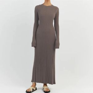 Dress 90s Vintage Tie Waist Dress Women Elegant Ribbed Knit Full Sleeve Maxi Dress Crew Neck Bodycon Pencil Long Dress Streetwear