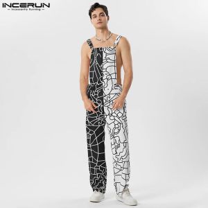 Overall incerun 2023 amerikansk stil män bodysuit svartvit kontrastfärg graffiti ihåliga jumpsuits casual sexig heta försäljning rompers s5xl