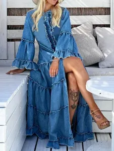 Kleid Mode Frauen Casual Lose Rüschen Split Tiered Demin Kleider Sexy O Neck Flare Hülse Hemd Maxi Kleid Sommer Heißer verkauf Robe