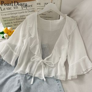 Blus Pearl Diary Chiffon Blus Bow Tie Front Ruffle Halsring och ärm sommar Drapey Sheer Blus Beach Casual Chiffon Cover Up