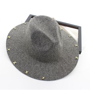 Bred Brim Wool Felt Fedora Jazz Hats Rivets Decor Women Men Panama Style Trilby Party Cowboy Cap Unisex Fashion Gambler Hat3119