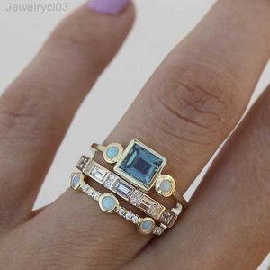 Модный персонализированный синий цвет с камнем, круглый квадратный комплект из трех частей, кольцо для женщин, кольца из желтого золота 14 карат, женские ювелирные изделия 2024I2A2