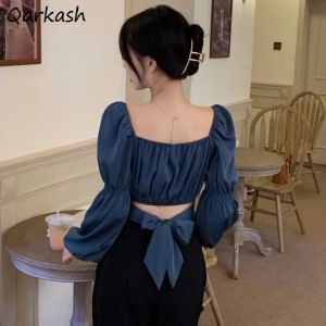 Bluz yayları bluz kadınlar mahsul üstleri ihale seksi parti şık ulzzang ince mujer giyim moda vintage uzun kollu yeni varış retro