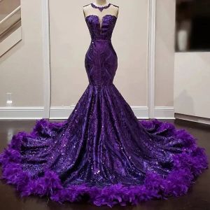 Abiti da ballo a sirena con piume viola per ragazza nera con paillettes Compleanno Abiti da festa per donne Robes De Bal Abito da sera