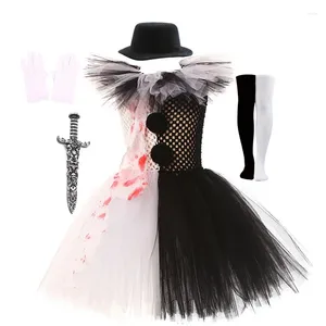 Abiti casual per ragazze Costume da clown Carnevil Bambini senza maniche a vita alta Abito in tulle Coltello Calzini Guanti Set di forcine per la festa di Halloween