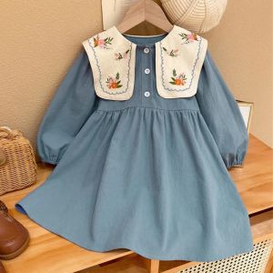Elbiseler 2023 Yeni Bahar Sonbahar Uzun Kollu Yakası Günlük Elbise İşlemeli Çocuk Giysileri Kız Kore tarzı Çocuklar Elbise