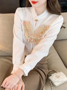 Women's Blouses Heavy Industry Beads Butterfly Shirt Woman Chinese Chiffon Blouse 2024 Spring Top Fashion Beautiful Chic Blusas