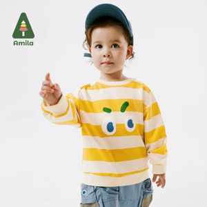 Amira Baby Hoodie Spring High Quality Cartoon Print Striped and Versatile Raglan Sleeve Pullover 240301