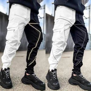 Hosen Joggers Cargo Hosen Reflektierende Streifenmodische Streetwear Hip Hop Joggshose Black White Patchwork Hipster Herren Hosen