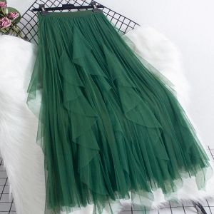 Klänningar långa ruffles tutu tyll kjol kvinnor koreansk casual aline hög midja midi kjol grön rosa veckad maxi y2k egirl koreanska kjolar