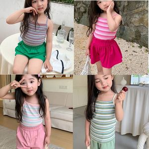 Baby Girls Sebless Sest Kids Striped Tank Tops Square Clip Camisole 2024 Summer Childrens Intelarens Intelder Clothing Korean Style 240301