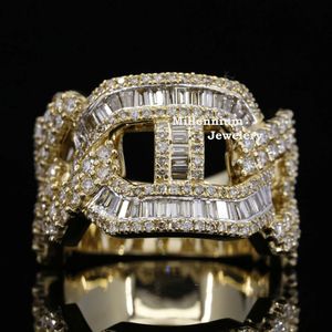 Lyxiga Moissanite Ring Gold Plated 925 Sterling Silver Iced Out Hip Hop Cuban Chain Design för unisex