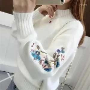 Kadın Sweaters Kadınlar Knocation Sweater Çiçek Nakış Kalın Saklama2024 Sonbahar Kış Boyu Kollu Turleneck
