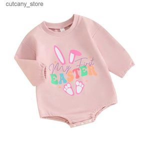 Jumpsuits Easter Romper Baby Girl Boy Outfit Long Sleeve Jumpsuit Infant Tops Crew Neck Bunny Print Bodysuit Summer Clothes L240307