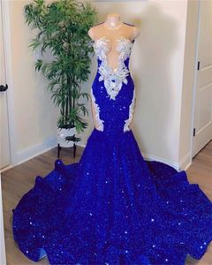 Elegant Blue Sequin Mermaid Long Prom Dresses For Black Girls Sheer Neck Plus Size Sweep Train Formal Evening Ocn Gowns