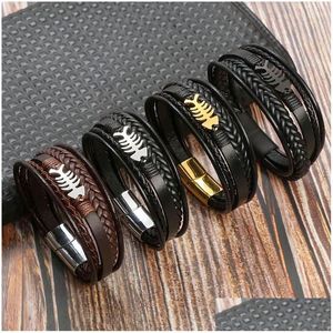 Charme Pulseiras Mens Aço Inoxidável Fecho Magnético Pulseira de Osso de Peixe Marrom MTI Camada Genuína Pulseiras De Couro Trançado Bangle Cuff Dhzm3