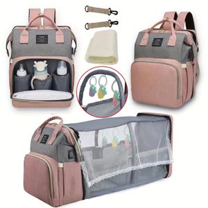 Mommy Baby Diaper Bag Backpack Changing Pad Shade Mosquito Net Wet and Dry Carrying USB Charging Port Stroller Hanging Free 240307