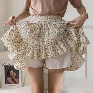 Юбка новая корейская цветочная мини -юбка с цветочной юбкой женщин черные харадзюку милые юбки лолита коттейгекр корейская мода летняя одежда уличная одежда уличная одежда
