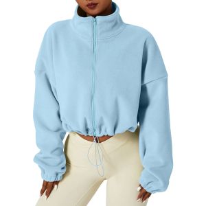 Jackets Hoodie Open Front Women's Full Zip Fleece Short Jacket Warm Winter Long Sleeve Stand Collar Crop Coat Women Cowl Neck Sweatshirt