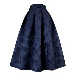 Rock 2023 Sommer Vintage Ästhetic Chic Elegant Koreanische Taille Marine Blue Rose Stickerei Puffy Rock für Bürodame alte Arbeit