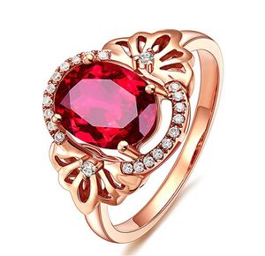 Moda Çiçek 3 Kırmızı Kristal Yakut Taşları Elmaslar Kadınlar İçin Halkalar Gül Altın Renk Takıları Bague Bijoux Parti Hediyeleri9057762